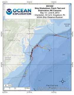 Okeanos Explorer (EX1302): Ship Shakedown, Patch Test and Exploration, NE Canyons Overview Map
