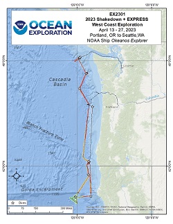 Okeanos Explorer (EX2301): 2023 Shakedown + EXPRESS West Coast Exploration Overview Map